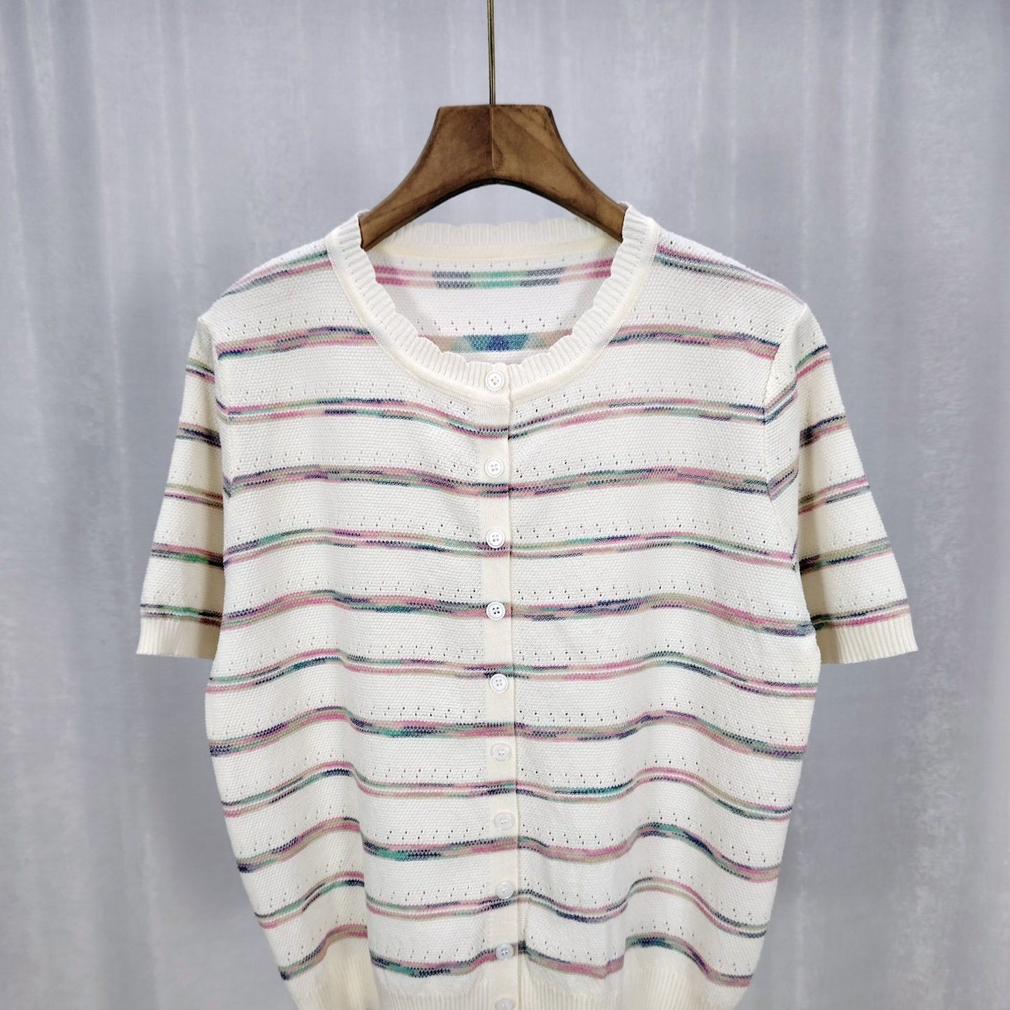 Womens French Chanel-style Striped Ice Silk Knit Top With Short Sleeves