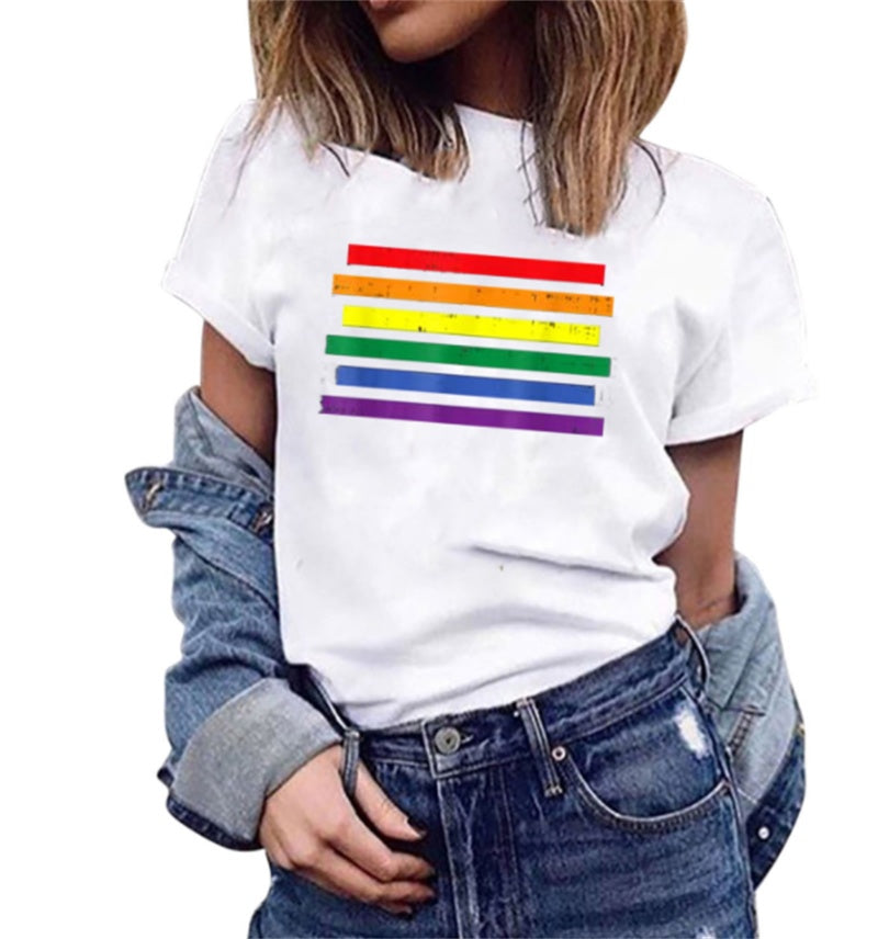 Rainbow Alphabet Print Casual Ladies Short Sleeves