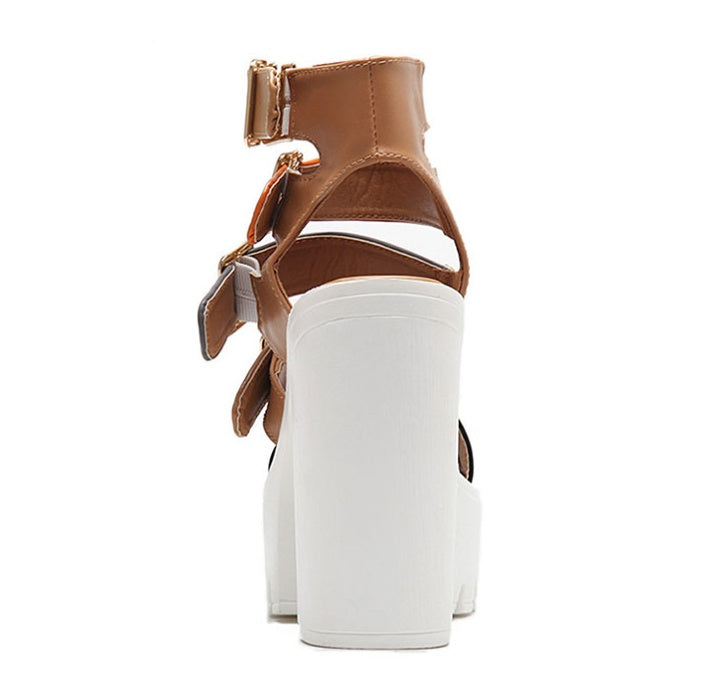 Colorblock Roman Fish Mouth Chunky Heel Platform High Heels