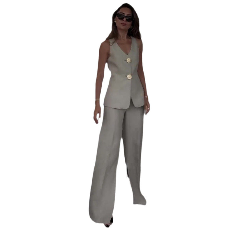 Solid-color  Sleeveless Slim-fit Vest Paired With Professional Tailored Suit Pants