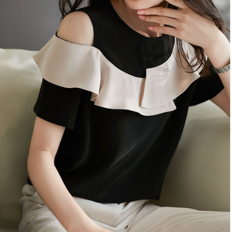 Short-sleeved Summer Clothes Loose Off-the-shoulder Ruffled Chiffon Blouse