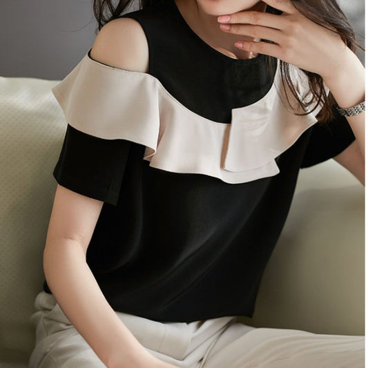 Short-sleeved Summer Clothes Loose Off-the-shoulder Ruffled Chiffon Blouse