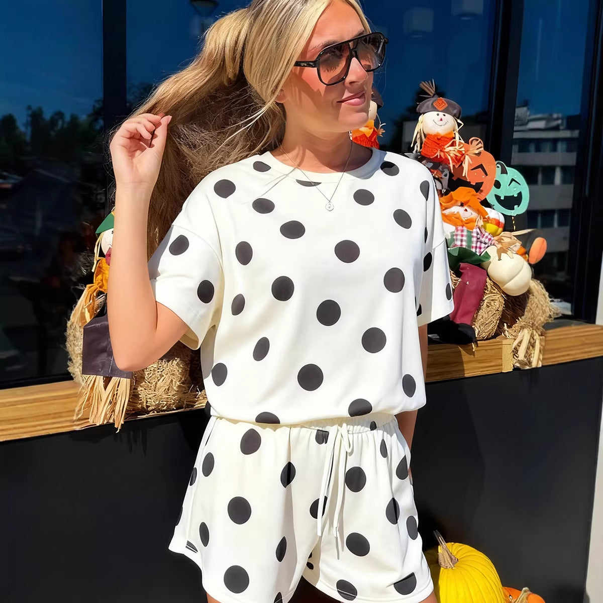 Loose-fitting Short-Sleeve Two-Piece Set For Women Polka-Dot Printed Casual