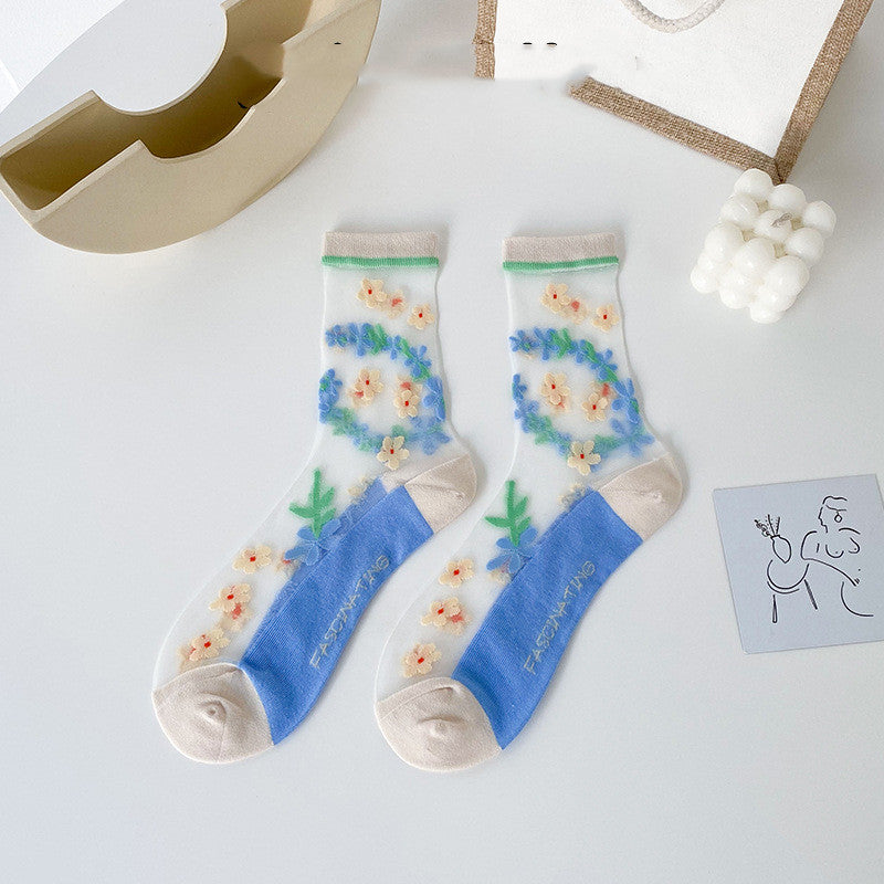 Small Flower Socks Breathable Glass Silk Ladies Cotton Socks