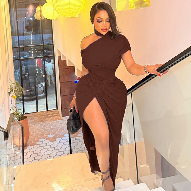 Split Sheath Skirt Celebrity Style One Shoulder Slan Neck Backless Long Dress