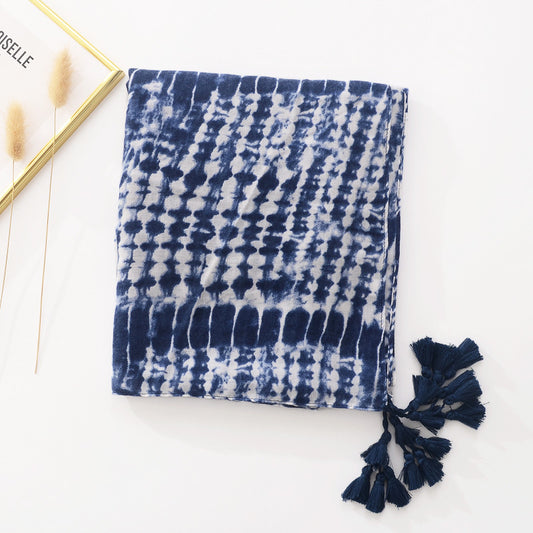 Blue And White Tie-dyed Cotton And Linen Feel Scarf Retro Artistic Travel Sun Protection Shawl