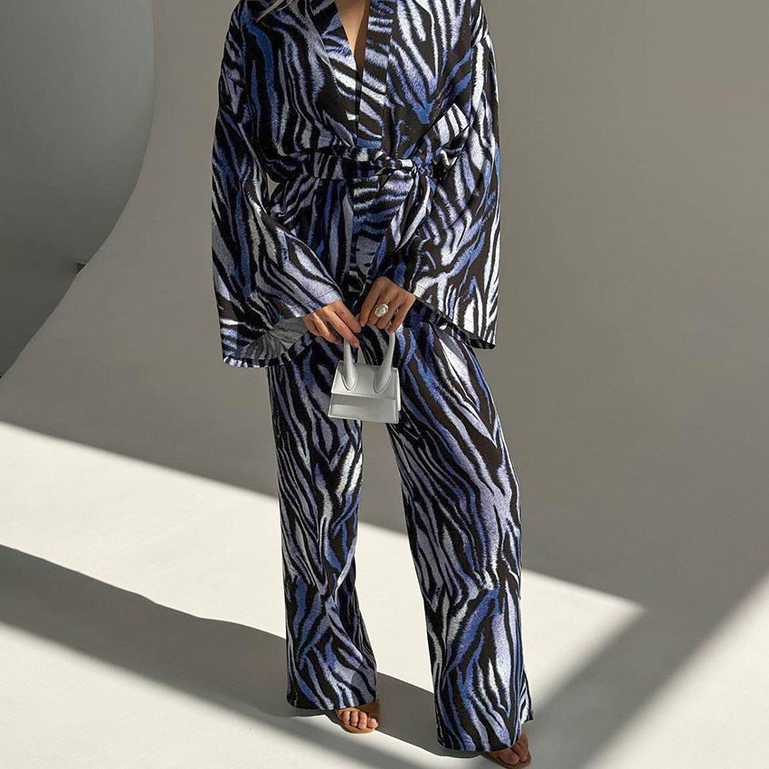 Printed Loose And Cozy Long-Sleeve Pajama Set With Pants For Women
