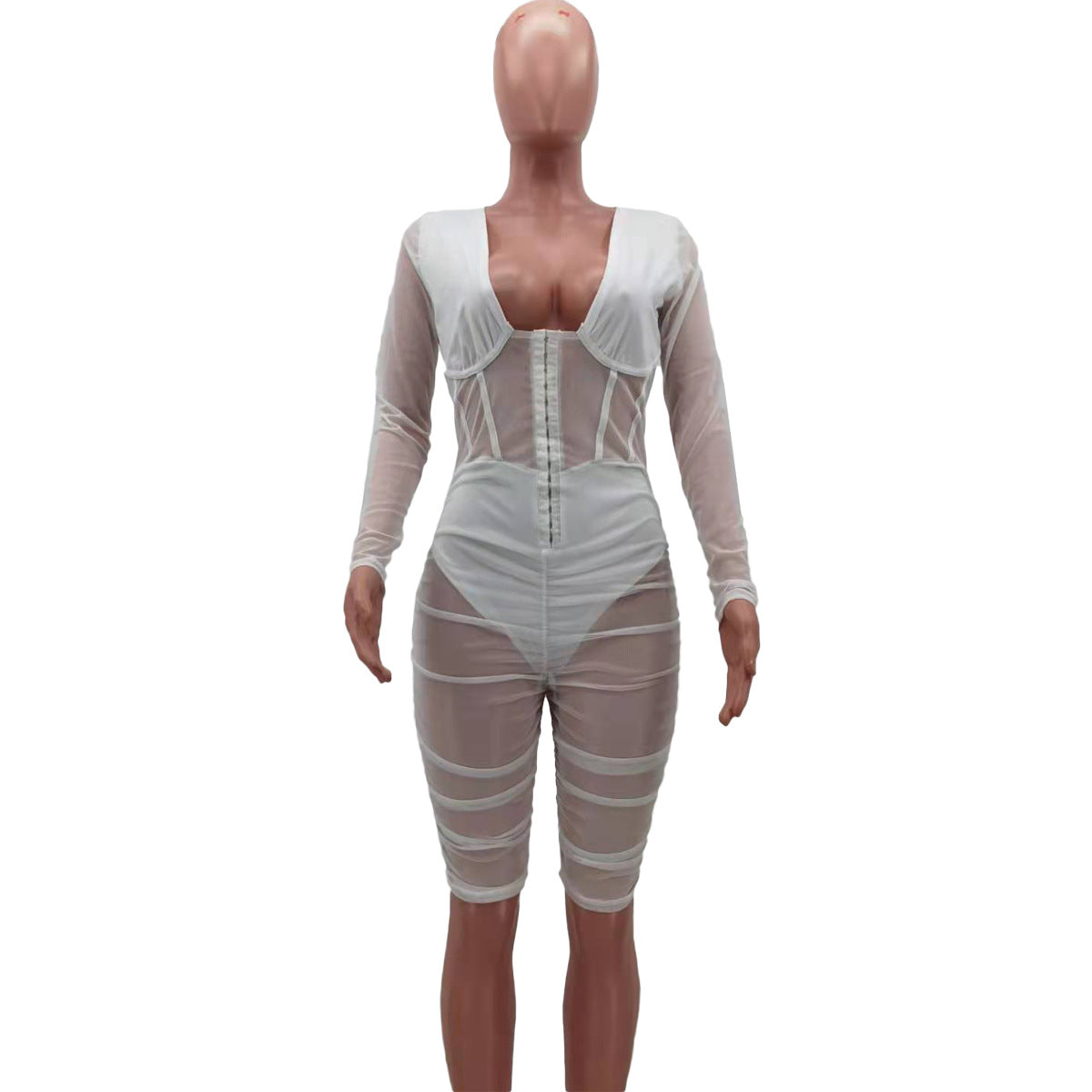 Mesh Panel Pleated Chest Wrap Casual Jumpsuit
