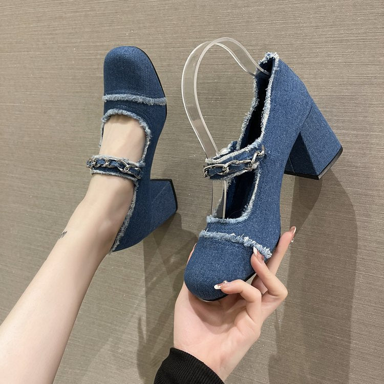 Denim Pearl Square Toe High Heels Women's Middle Heel Shoes