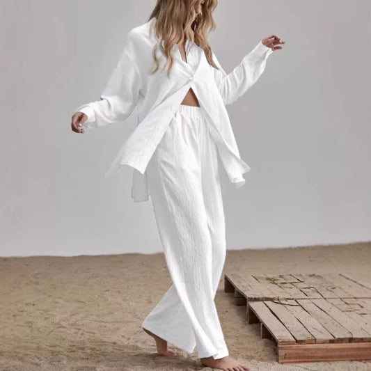 New French-style Casual Relaxed Chic Two-piece Loungewear Set Loose Commuter Shirt And Pants Suit For Women