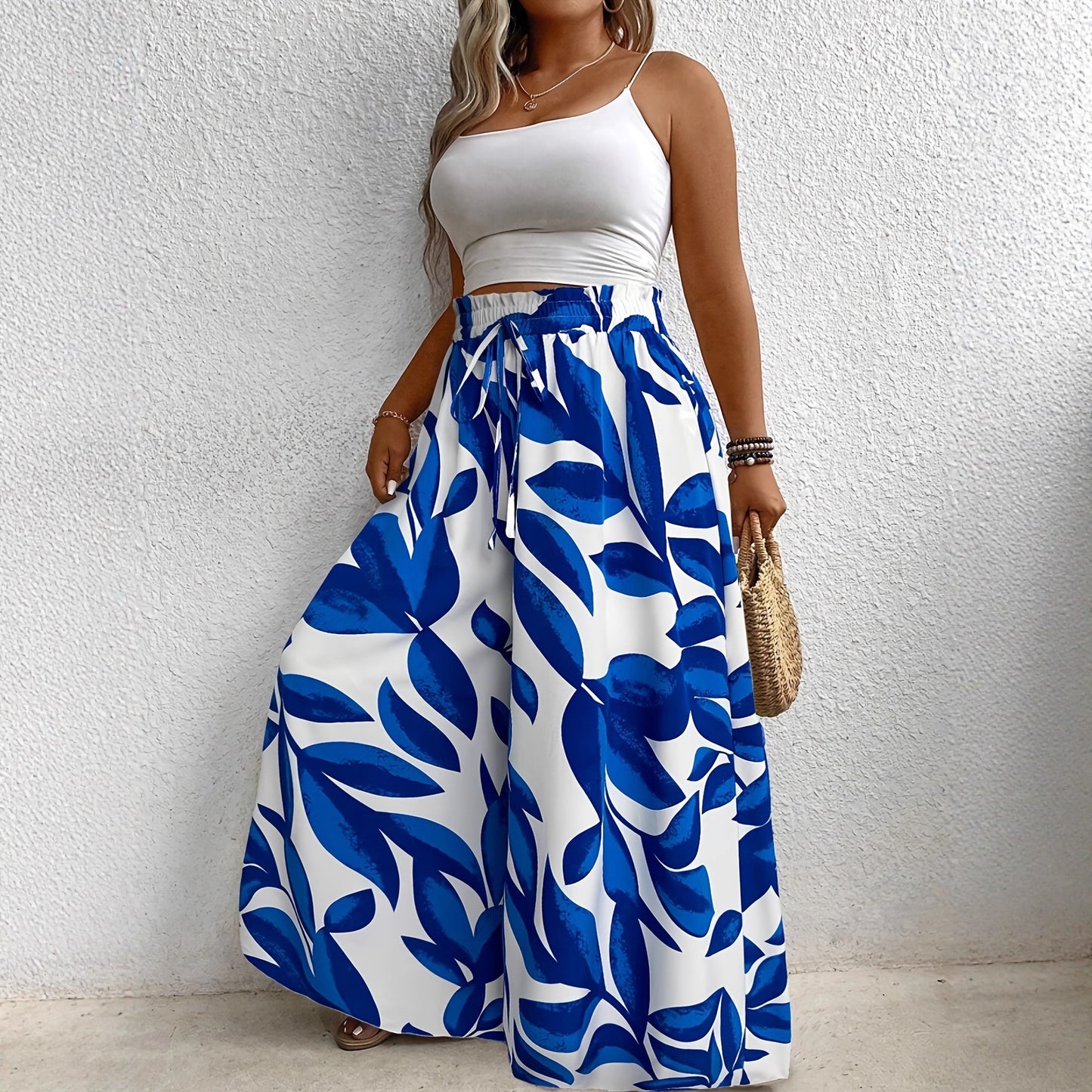 Stylish Plus-size Versatile Casual Elegant Floral Wide-leg Pants
