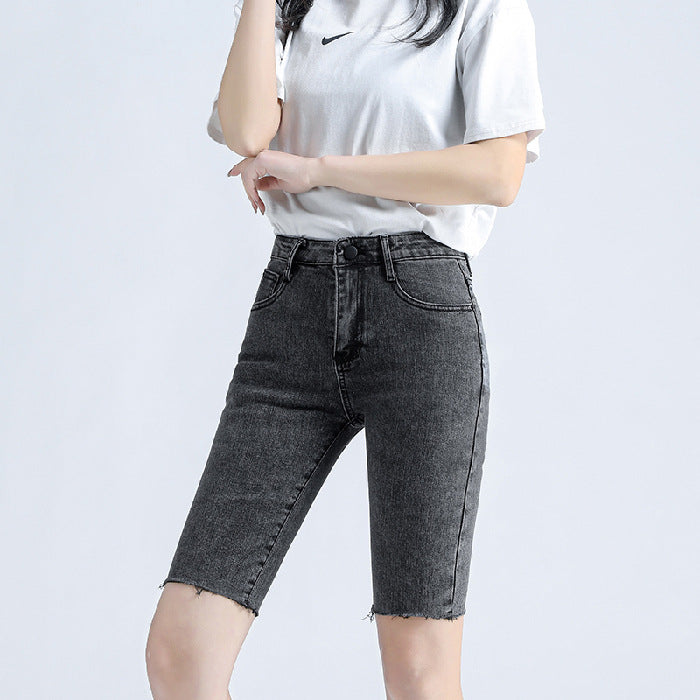 Simple Temperament Trendy With Denim Five-point Pants Women's Tight-fitting