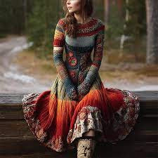 Retro Cable-Knit Long-Sleeve Womens Dress With A Crew Neck And Patchwork Design