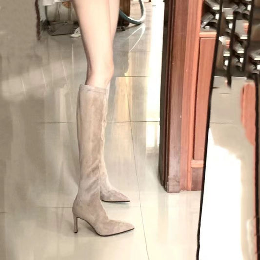 Knee-high Suede Pointed-toe Stretchy Figure-flattering Boots