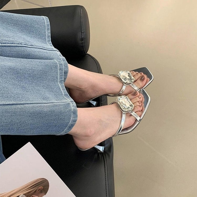Summer New Korean Style Stiletto Heel Slides For Women, Rhinestone Open Toe High Heel Mules, Dressy Sandals For Ladies