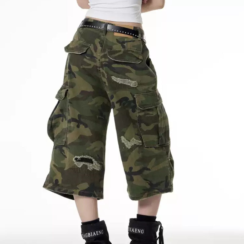 Retro Patch Ripped Camouflage Cropped Pants For Women Summer New