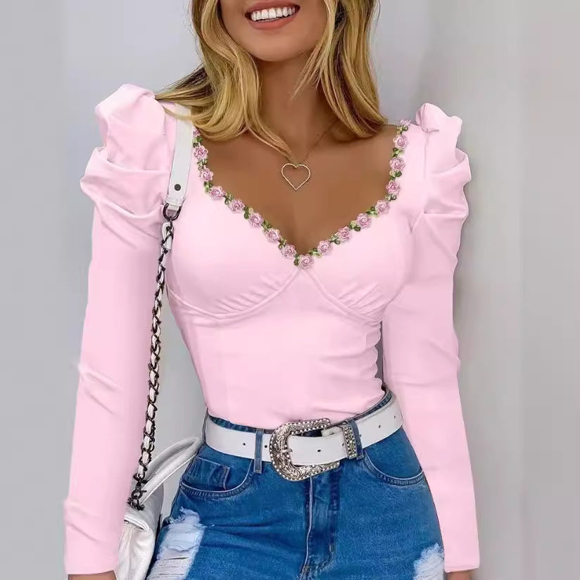 Women'S Lace Ribbon Decorative Puff Sleeve Long Sleeve Top