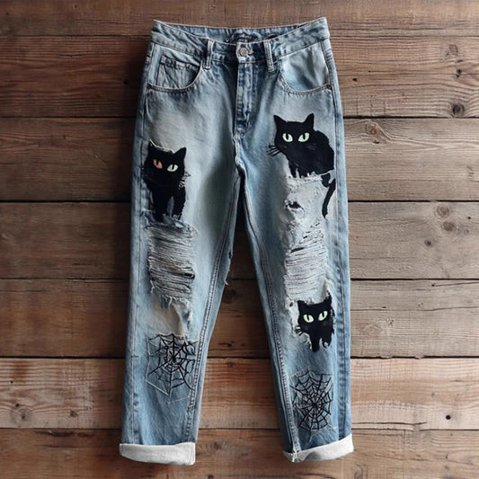 Nye Mode Digitalprintede Denim Bukser Med Lige Ben