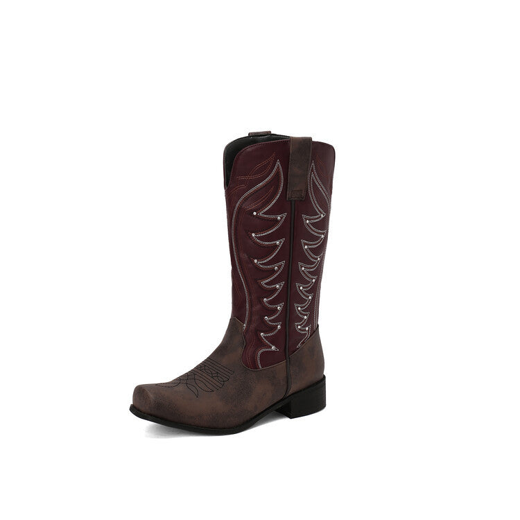 West Embroidered Denim Totem Square Toe Mid-heel High Leg Boot