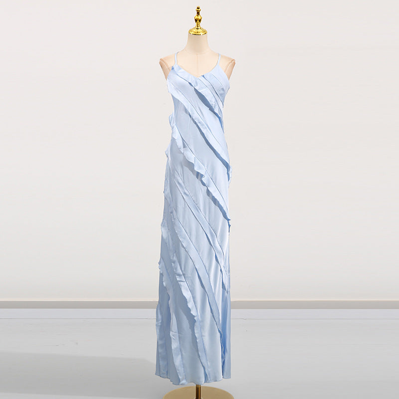 Womens Patchwork Ruffle-Trimmed Resort-Style Slip Dress