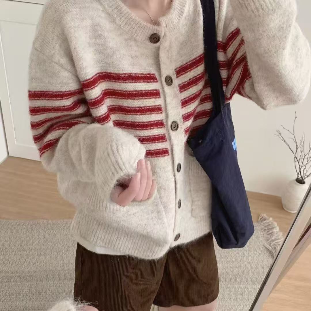 Vintage Stripe Versatile Knitted Cardigan Korean Style