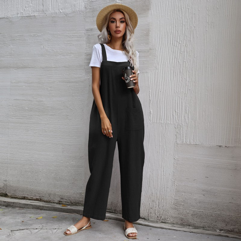 European And American Style Casual Simple Pocketed Sleeveless Suspender Jumpsuit