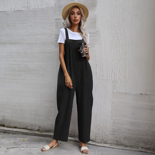 European And American Style Casual Simple Pocketed Sleeveless Suspender Jumpsuit