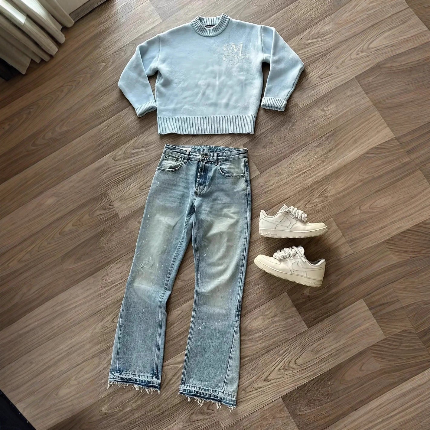 Mens Embroidered Loose Crew Neck Sweater
