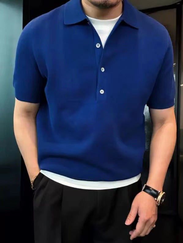 Solid Color Polo Collar Polo Shirt Men's Simple Style Slim Fit High Knitted Top