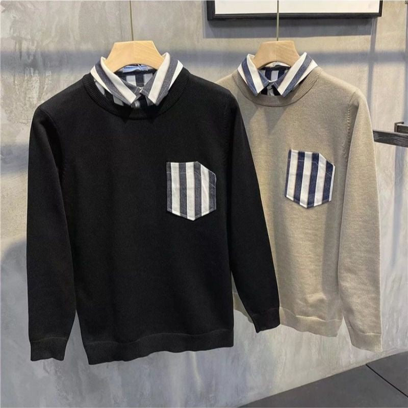 Patch Shirt Collar Splicing Fake Two Pieces Men's Casual