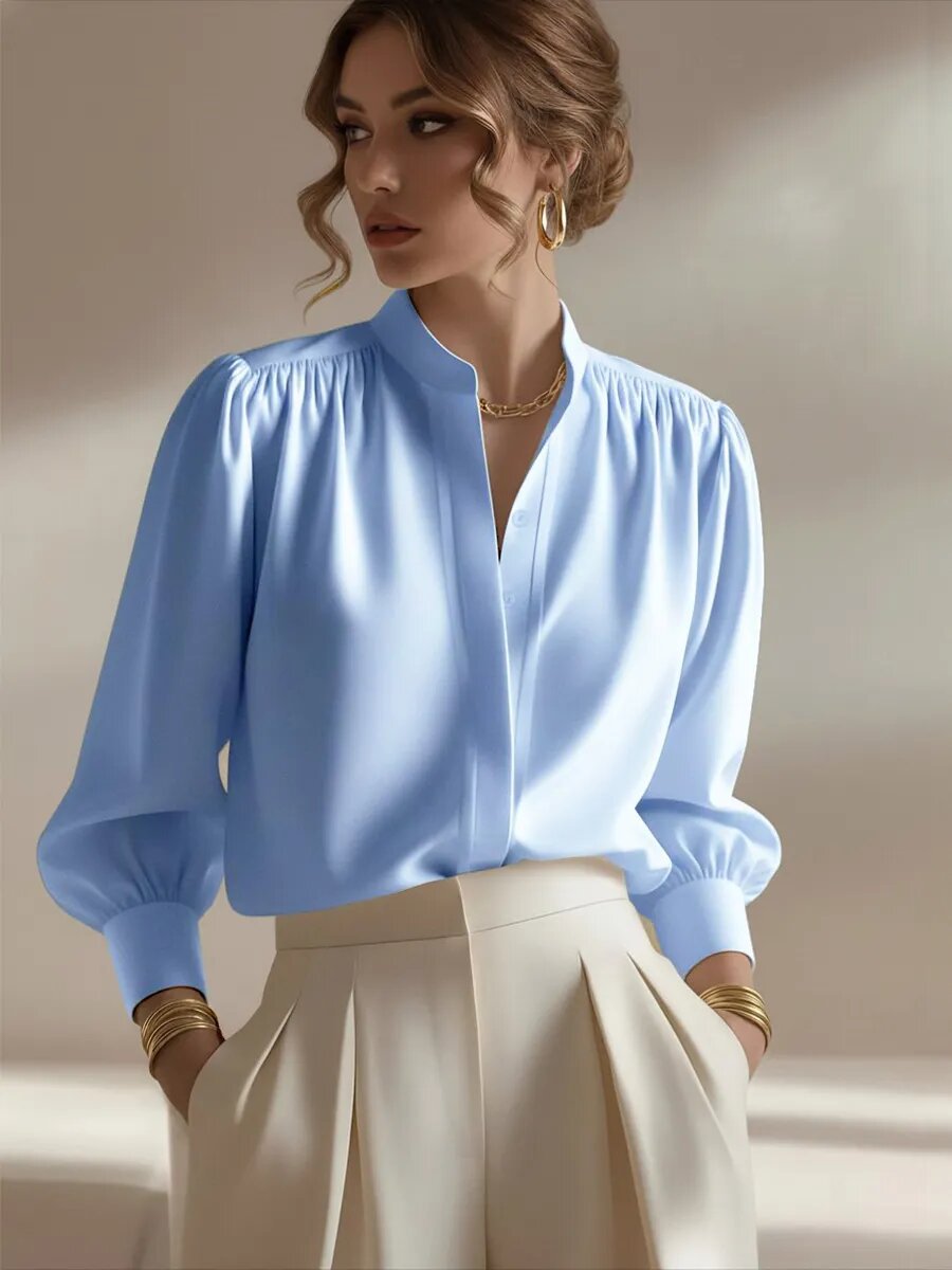 Blue, Relaxed-fit Workwear Top With A Stand-up Collar And A Luxurious Silk-like Texture