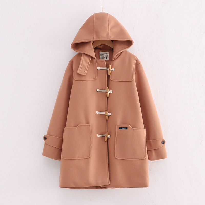 Retro Horn Button Hooded Woolen Coat