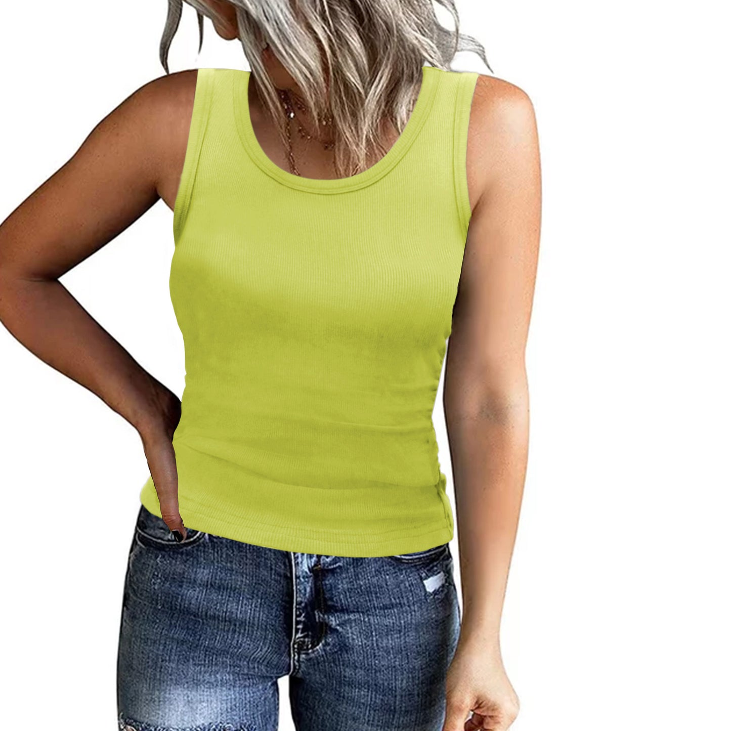 Sleeveless Crew-neck Form-fitting Ribbed Tank Top