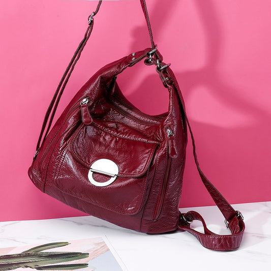 Women's Fashion Soft Leather Three-purpose Backpack