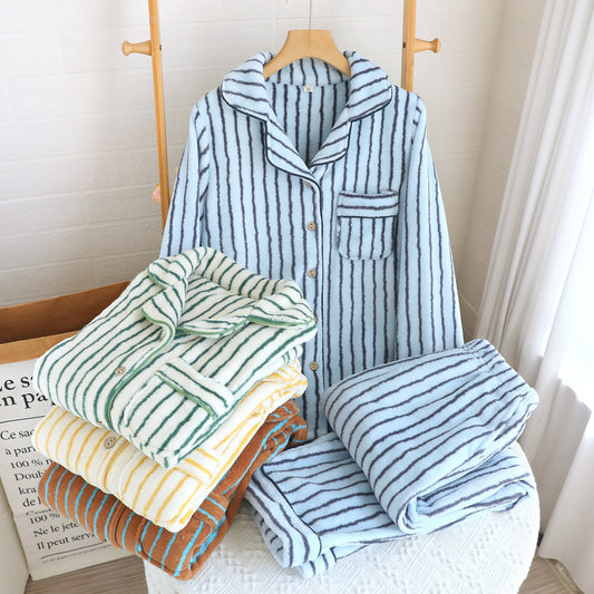 Striped Flannel Couple Lapel Pajamas Suit