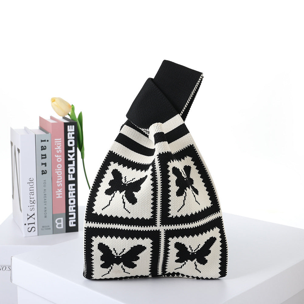Kontrastfarvet Stribet Skakternet Strikket Indkøbshåndtaske