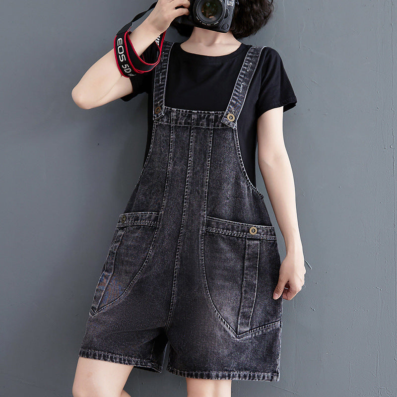Women's Denim Suspender Loose Fitting Wide Leg Capris