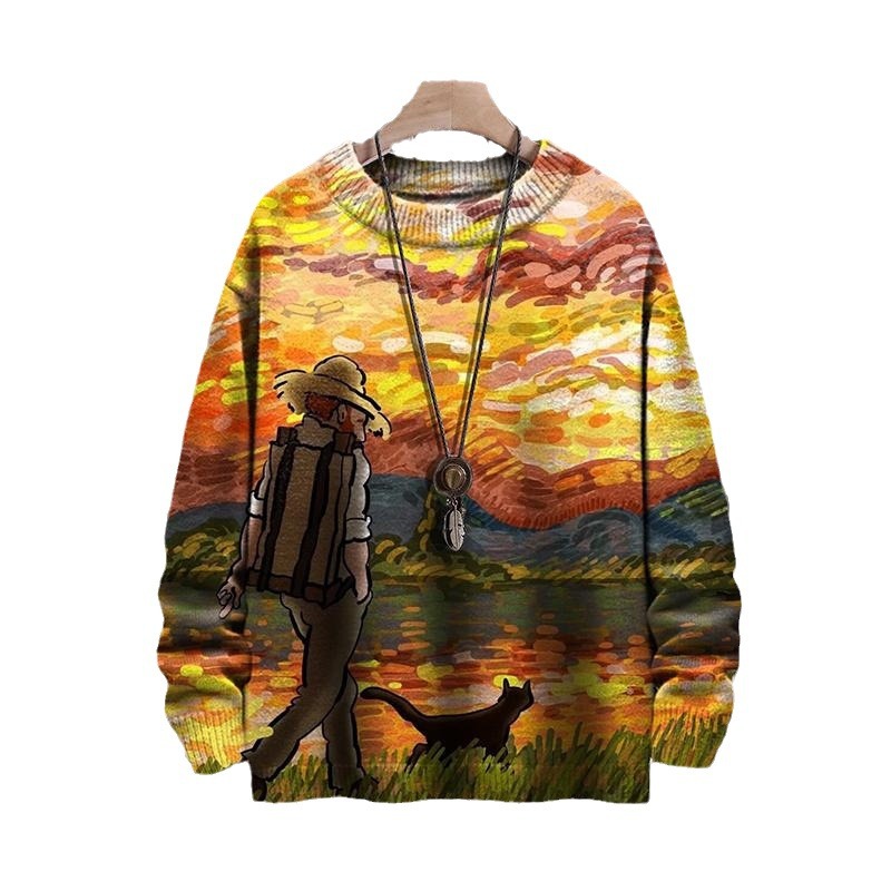Style Digital Printing Drop-shoulder Long Sweater Abstract