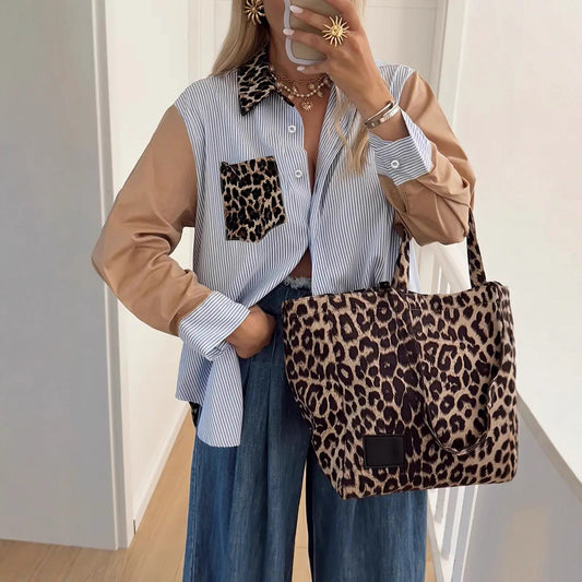 Women's Loose Leopard Print Patchwork Stripes Shirt