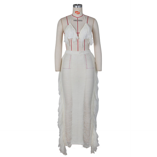 Women's Tassel Knitted Beach Skirt Suit