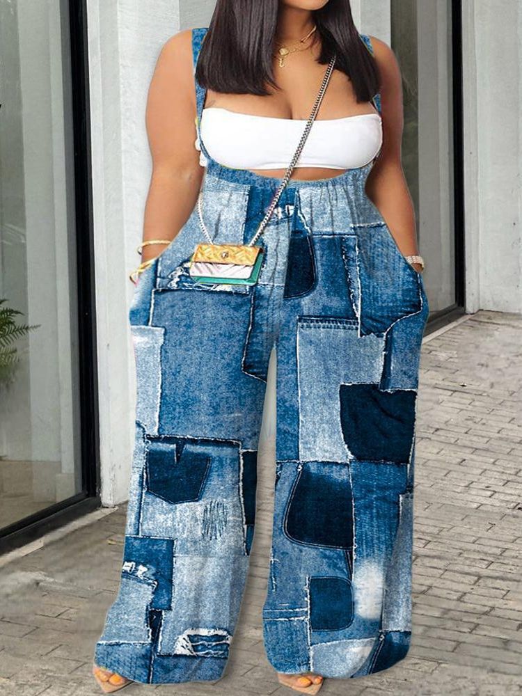 Plus Size Løstsiddende Overall med Print