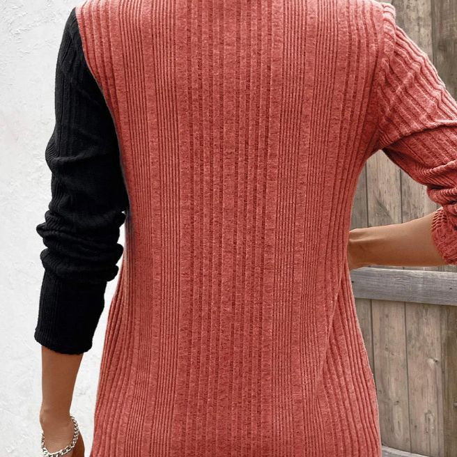 Solid Color Round Neck Sunken Stripe Brushed Slit Contrast Color Fashion Buttons