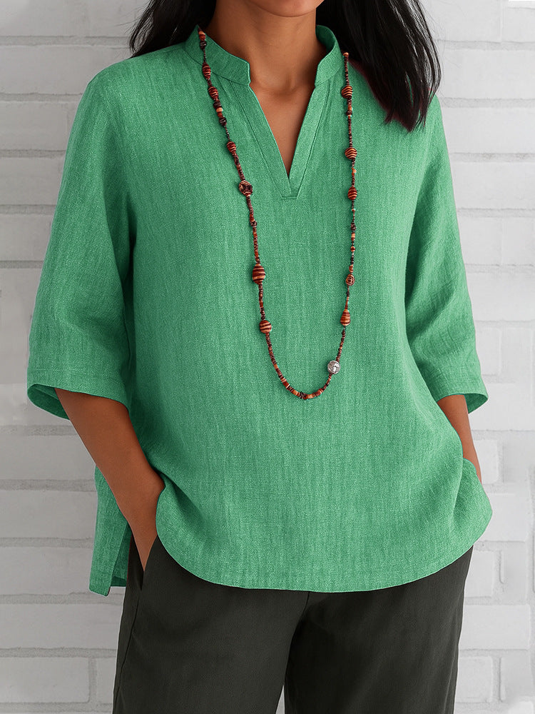 Summer Women's Clothing V-neck 34 Sleeves Cotton And Linen Loose Casual Shirt