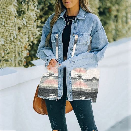 Lapel Pocket Denim Patchwork Wool Coat
