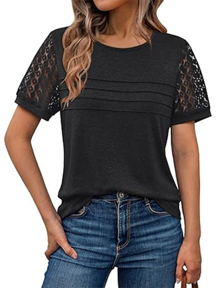 Round-neck Hollow-out Short-sleeve Elegant Loose-fitting