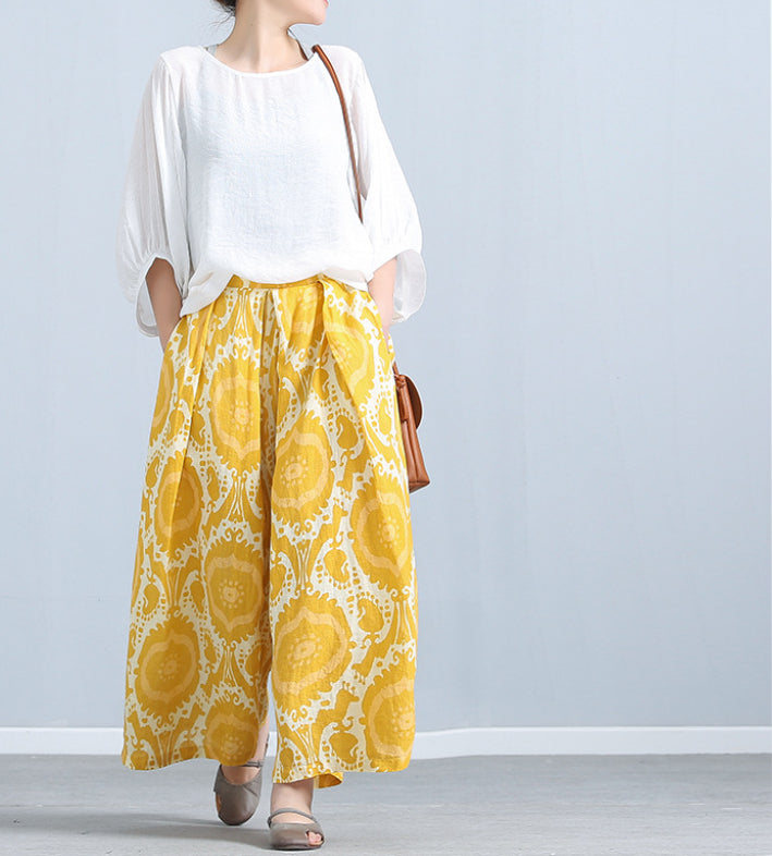 Womens Relaxed-fit Linen Wide-leg Capri Pants