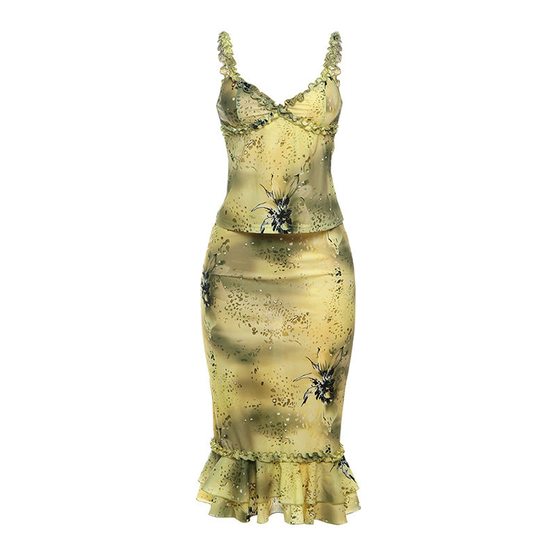 Women's V-neck Low-Cut Camisole With Ruffle Trim And Floral Print Midi Skirt Set