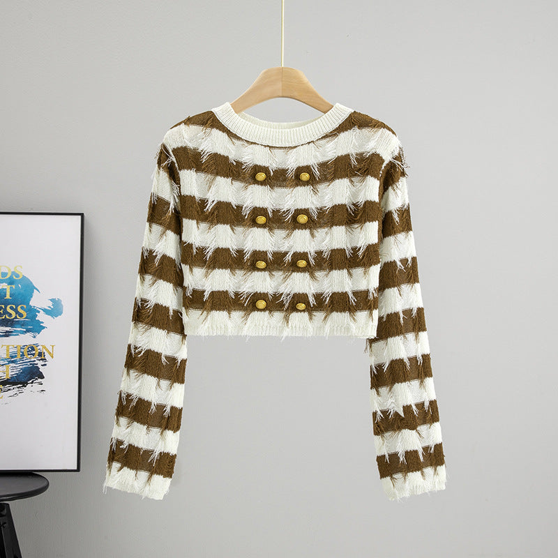 Langærmet Sweater Design Fransk Stil Off-the-neck Strikket Top
