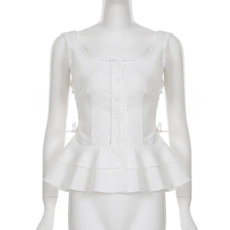 U Collar Lace Button Cardigan Vest For Women