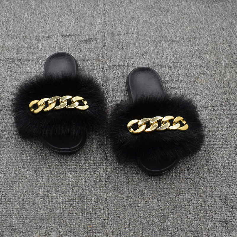 Fur Fur Slippers Chain Faux Fur Flip Flops
